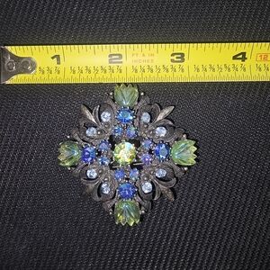 Vintage Style Brooch with Blue and Green Gems
